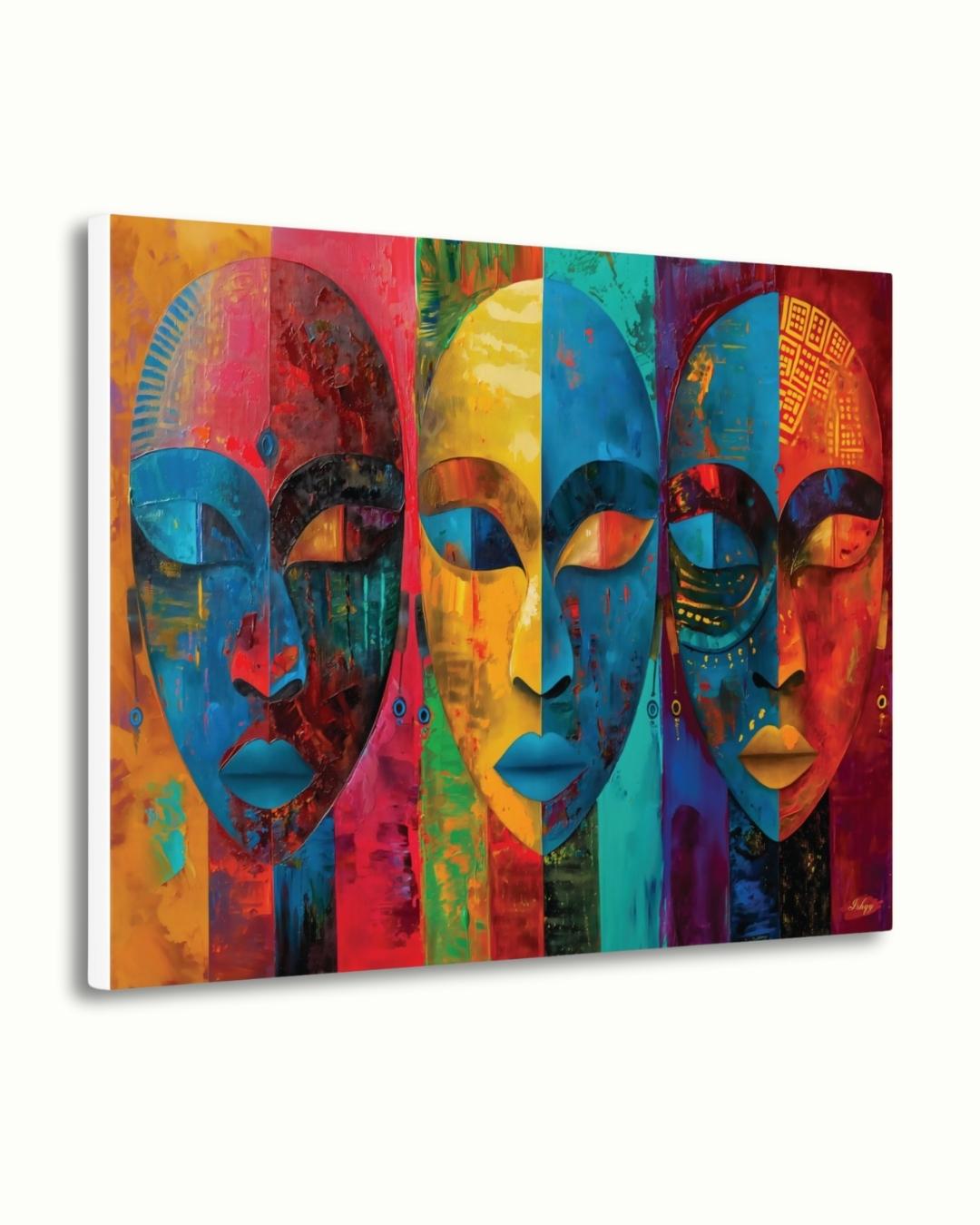 Colorful African Mask Wall Art Print, Canvas, Framed Canvas, Abstract Tribal Faces Painting, Bold Boho Decor for Living Room Bedroom Office