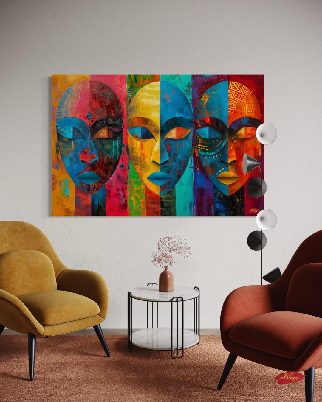Colorful African Mask Wall Art Print, Canvas, Framed Canvas, Abstract Tribal Faces Painting, Bold Boho Decor for Living Room Bedroom Office