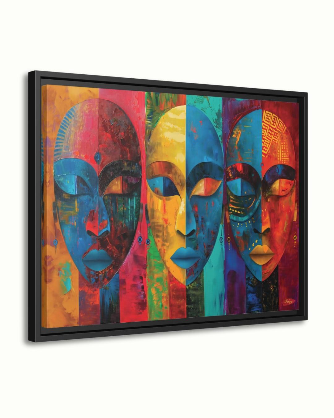Colorful African Mask Wall Art Print, Canvas, Framed Canvas, Abstract Tribal Faces Painting, Bold Boho Decor for Living Room Bedroom Office