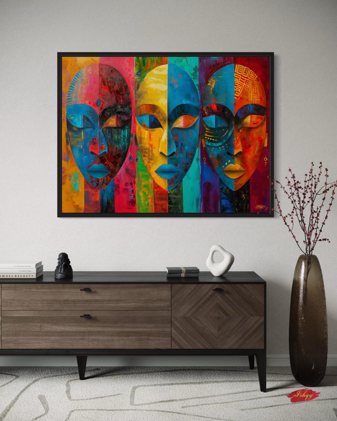Colorful African Mask Wall Art Print, Canvas, Framed Canvas, Abstract Tribal Faces Painting, Bold Boho Decor for Living Room Bedroom Office