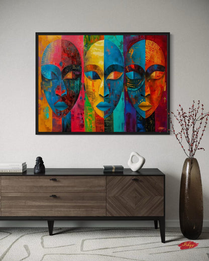 Colorful African Mask Wall Art Print, Canvas, Framed Canvas, Abstract Tribal Faces Painting, Bold Boho Decor for Living Room Bedroom Office