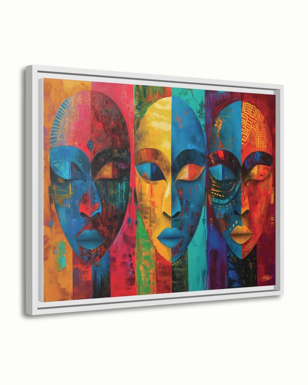 Colorful African Mask Wall Art Print, Canvas, Framed Canvas, Abstract Tribal Faces Painting, Bold Boho Decor for Living Room Bedroom Office