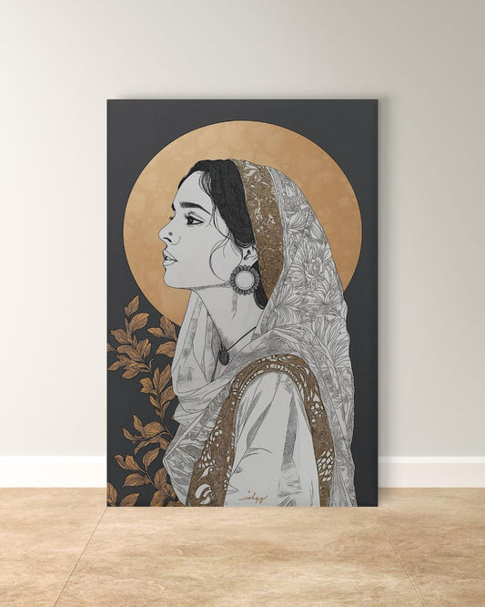 Pakistani Woman Portrait Wall Art Print, Canvas, Framed Canvas, Gold Halo Minimal Line Art, Traditional Dupatta Muslim Art, Modern Boho Decor