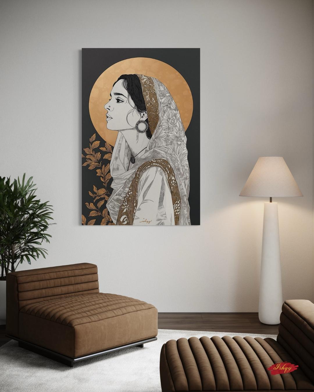 Pakistani Woman Portrait Wall Art Print, Canvas, Framed Canvas, Gold Halo Minimal Line Art, Traditional Dupatta Muslim Art, Modern Boho Decor