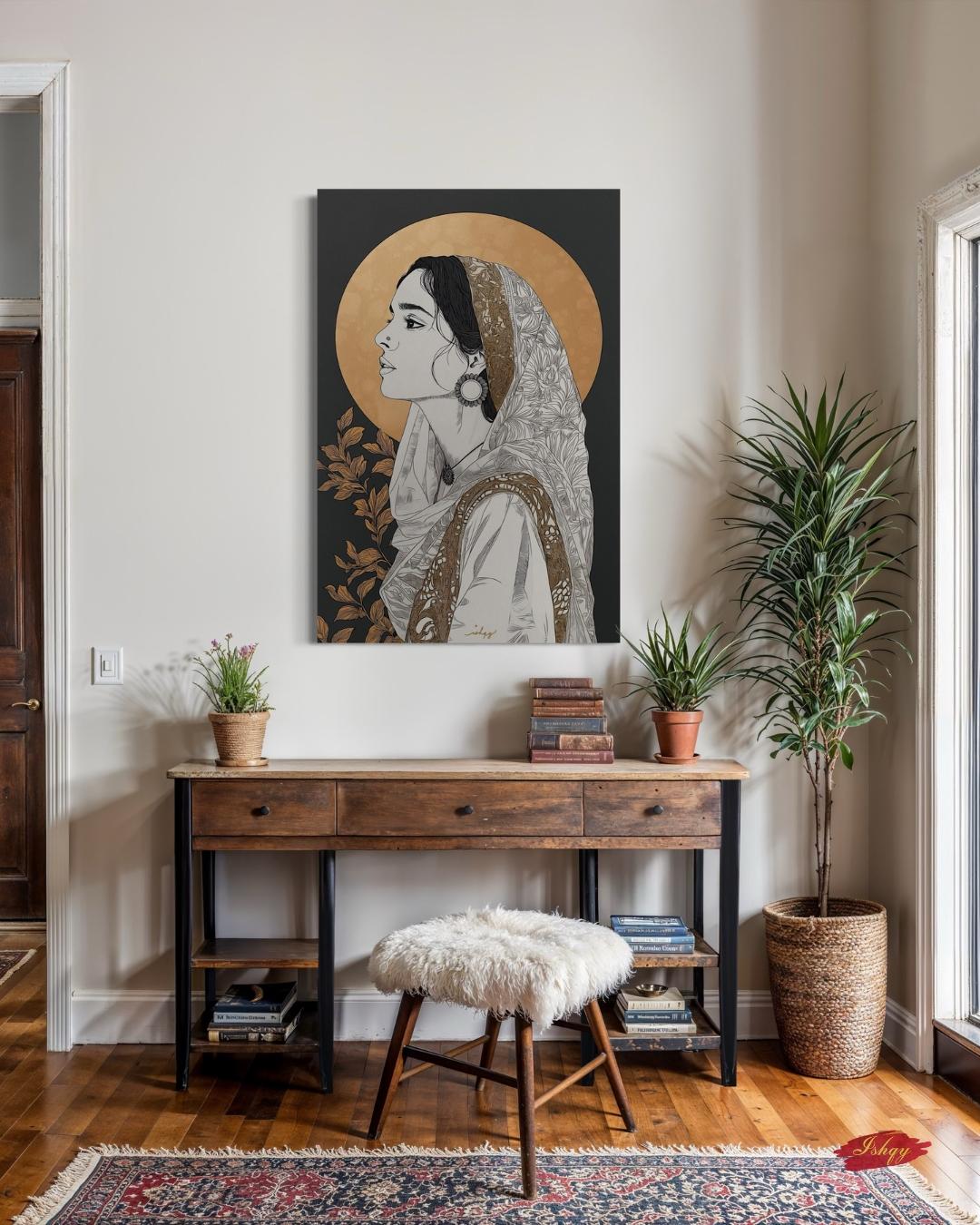 Pakistani Woman Portrait Wall Art Print, Canvas, Framed Canvas, Gold Halo Minimal Line Art, Traditional Dupatta Muslim Art, Modern Boho Decor