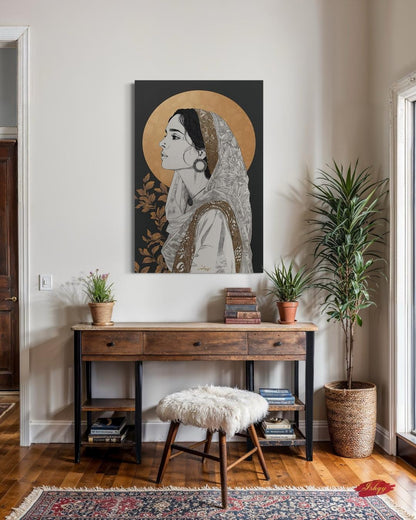Pakistani Woman Portrait Wall Art Print, Canvas, Framed Canvas, Gold Halo Minimal Line Art, Traditional Dupatta Muslim Art, Modern Boho Decor