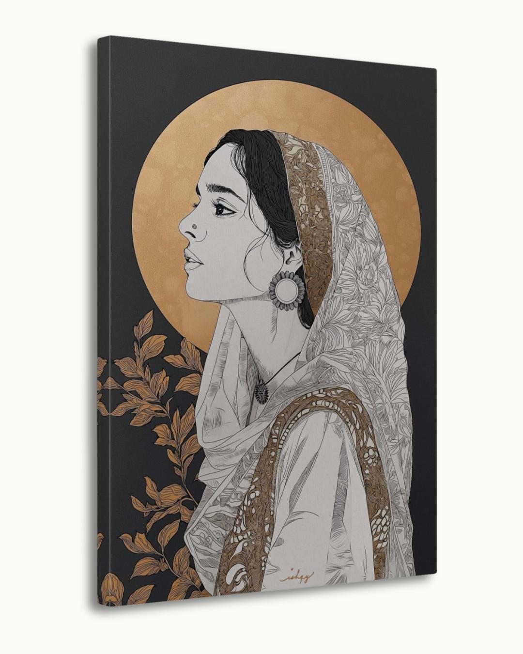 Pakistani Woman Portrait Wall Art Print, Canvas, Framed Canvas, Gold Halo Minimal Line Art, Traditional Dupatta Muslim Art, Modern Boho Decor