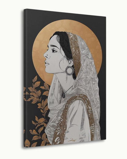 Pakistani Woman Portrait Wall Art Print, Canvas, Framed Canvas, Gold Halo Minimal Line Art, Traditional Dupatta Muslim Art, Modern Boho Decor