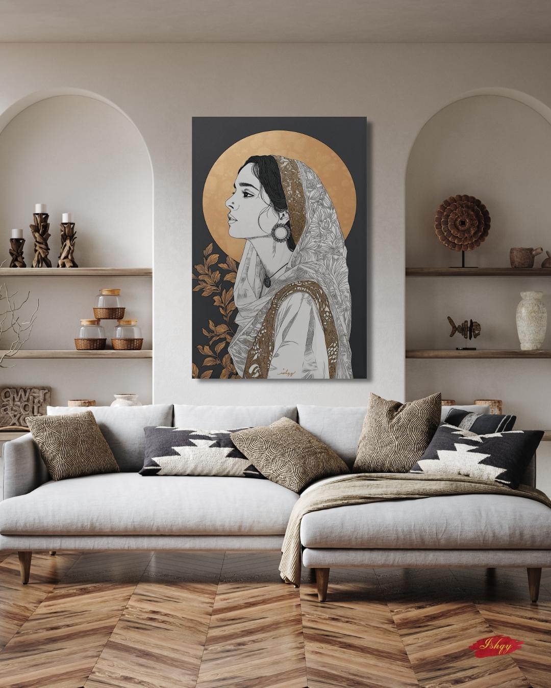 Pakistani Woman Portrait Wall Art Print, Canvas, Framed Canvas, Gold Halo Minimal Line Art, Traditional Dupatta Muslim Art, Modern Boho Decor