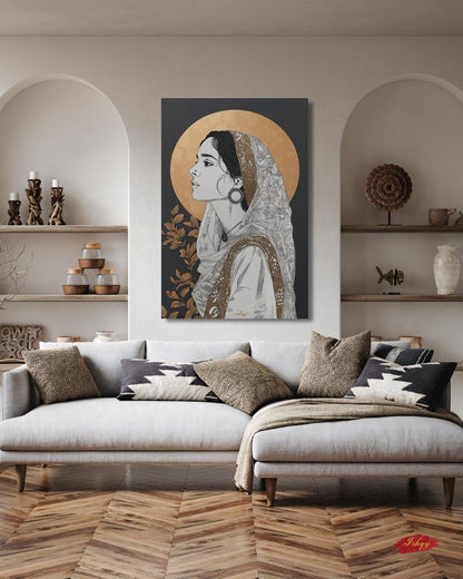 Pakistani Woman Portrait Wall Art Print, Canvas, Framed Canvas, Gold Halo Minimal Line Art, Traditional Dupatta Muslim Art, Modern Boho Decor