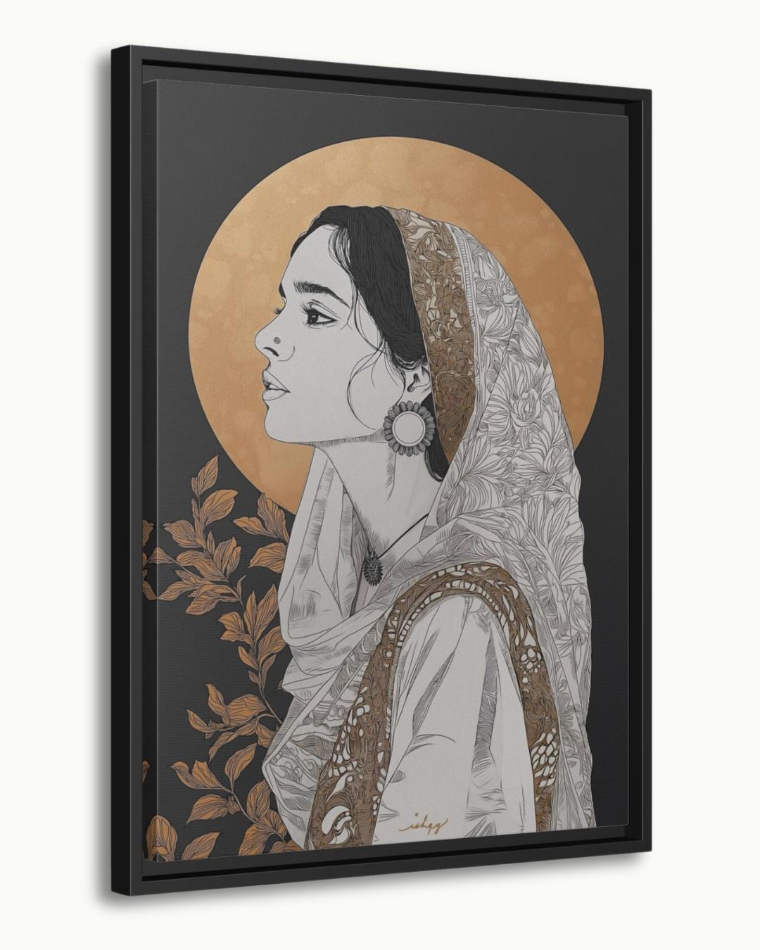 Pakistani Woman Portrait Wall Art Print, Canvas, Framed Canvas, Gold Halo Minimal Line Art, Traditional Dupatta Muslim Art, Modern Boho Decor