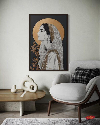 Pakistani Woman Portrait Wall Art Print, Canvas, Framed Canvas, Gold Halo Minimal Line Art, Traditional Dupatta Muslim Art, Modern Boho Decor