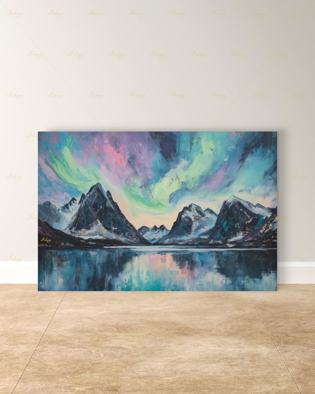 Northern Lights Wall Art, Aurora Borealis Canvas Print, Norway Mountain Lake Decor, Teal Night Sky Art, Living Room Framed Canvas Gift