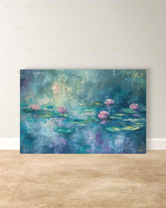 Water Lily Wall Art, Monet Inspired Pond Canvas Print, Teal Floral Botanical Decor, Impressionist Living Room Framed Canvas Gift for Her