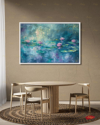 Water Lily Wall Art, Monet Inspired Pond Canvas Print, Teal Floral Botanical Decor, Impressionist Living Room Framed Canvas Gift for Her