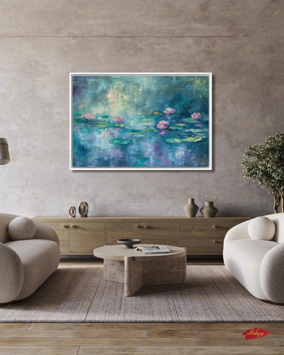 Water Lily Wall Art, Monet Inspired Pond Canvas Print, Teal Floral Botanical Decor, Impressionist Living Room Framed Canvas Gift for Her