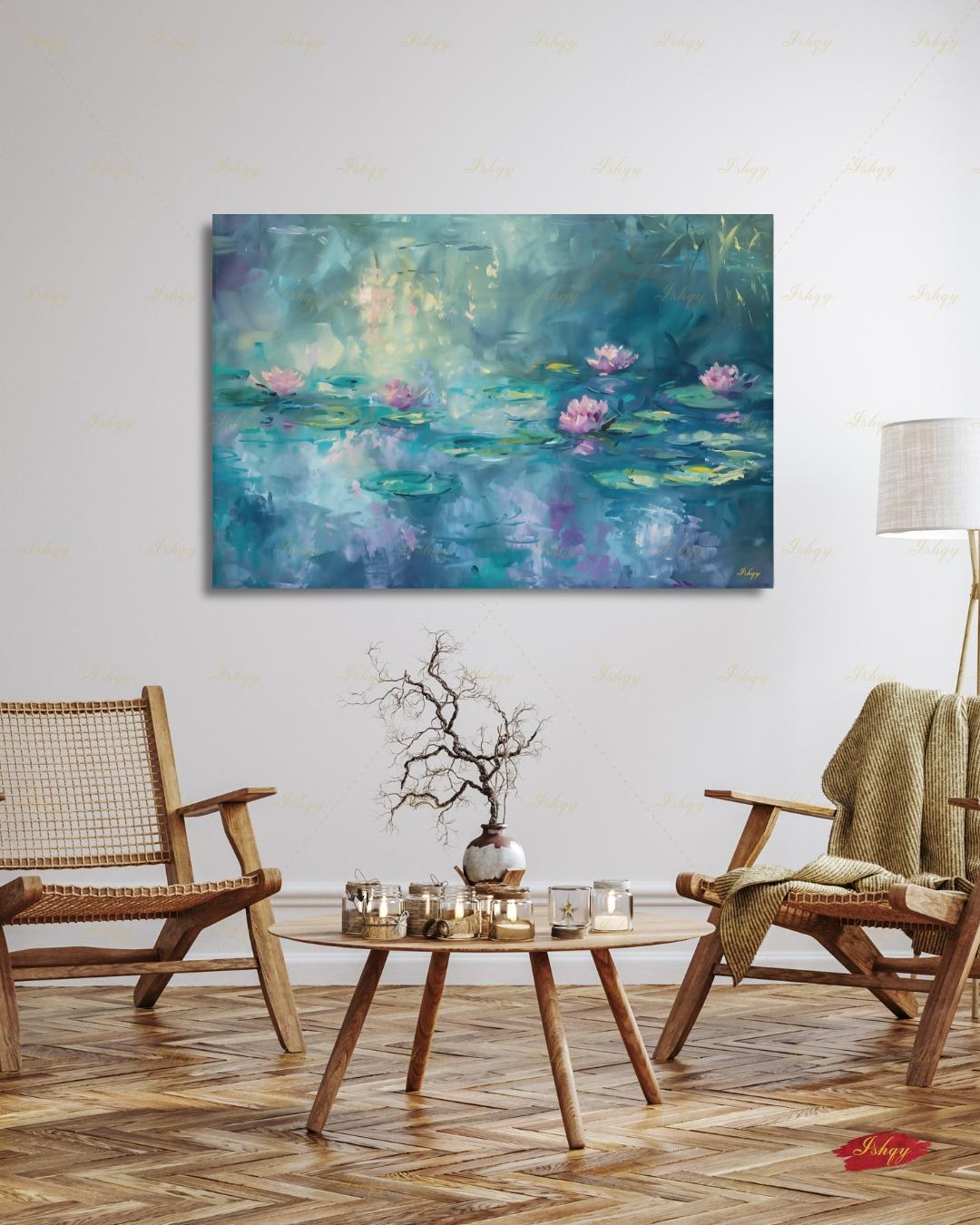 Water Lily Wall Art, Monet Inspired Pond Canvas Print, Teal Floral Botanical Decor, Impressionist Living Room Framed Canvas Gift for Her