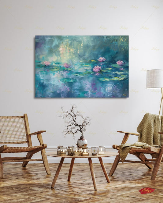 Water Lily Wall Art, Monet Inspired Pond Canvas Print, Teal Floral Botanical Decor, Impressionist Living Room Framed Canvas Gift for Her