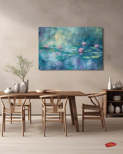 Water Lily Wall Art, Monet Inspired Pond Canvas Print, Teal Floral Botanical Decor, Impressionist Living Room Framed Canvas Gift for Her
