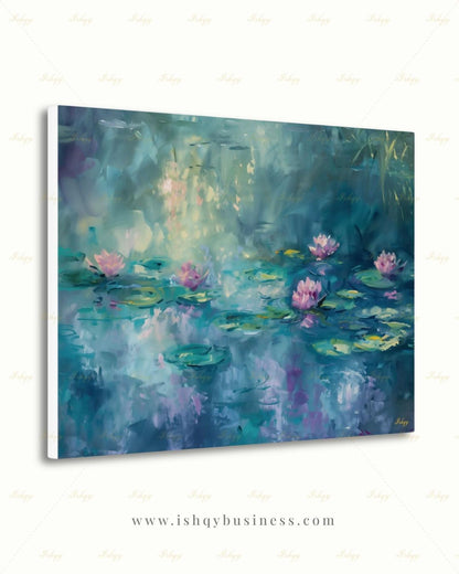 Water Lily Wall Art, Monet Inspired Pond Canvas Print, Teal Floral Botanical Decor, Impressionist Living Room Framed Canvas Gift for Her