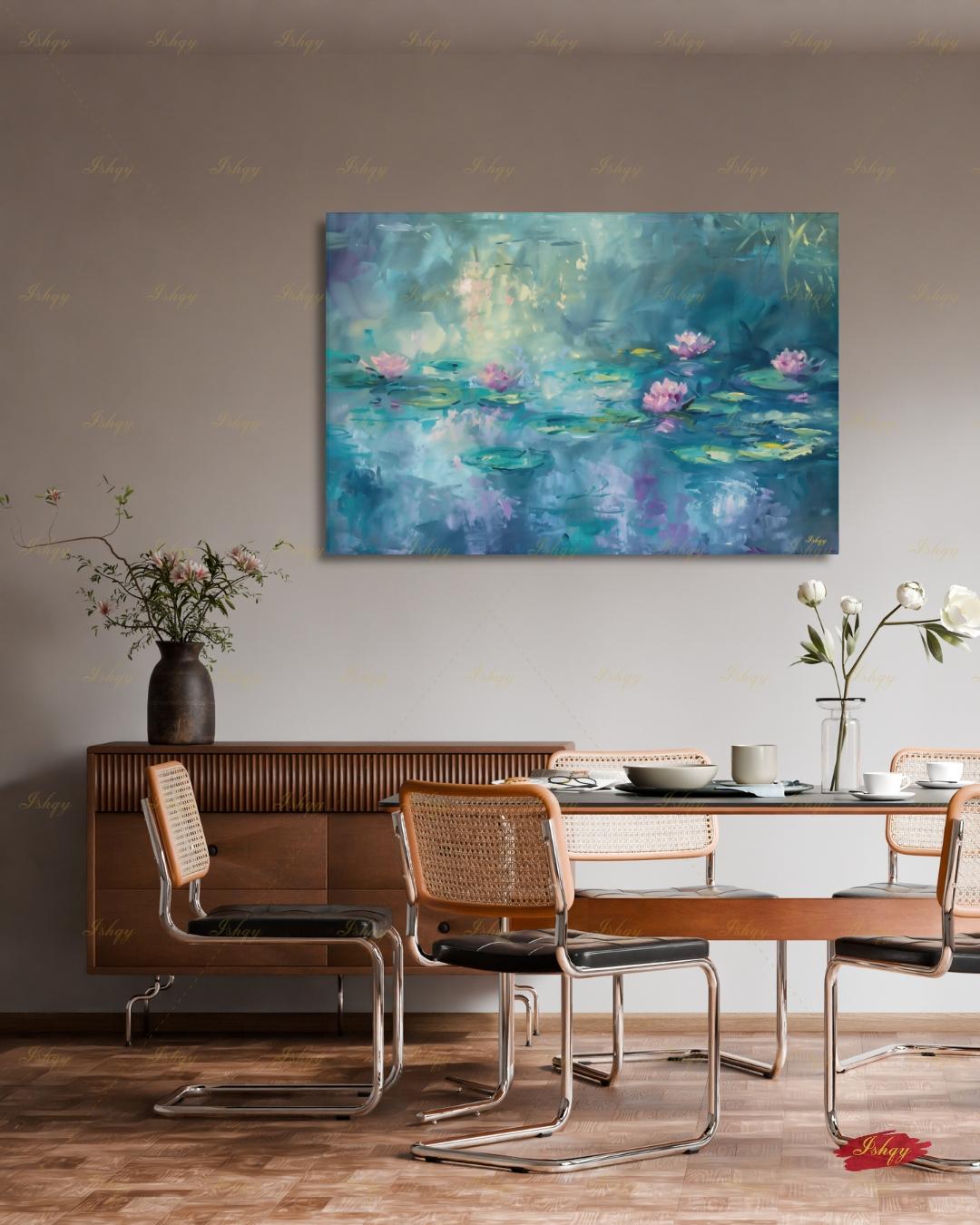 Water Lily Wall Art, Monet Inspired Pond Canvas Print, Teal Floral Botanical Decor, Impressionist Living Room Framed Canvas Gift for Her
