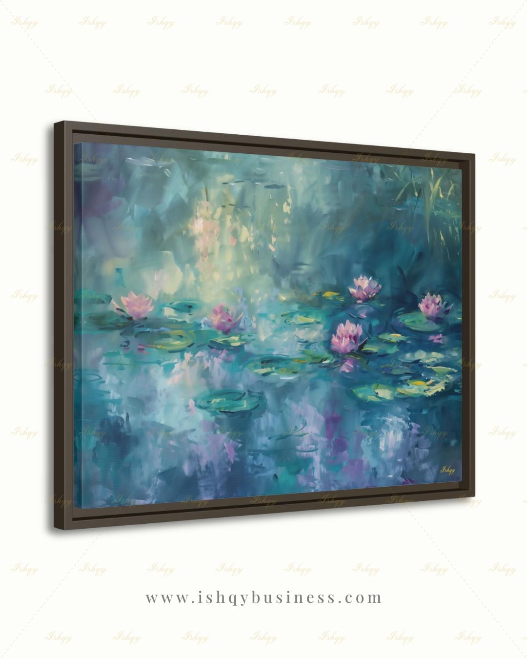 Water Lily Wall Art, Monet Inspired Pond Canvas Print, Teal Floral Botanical Decor, Impressionist Living Room Framed Canvas Gift for Her