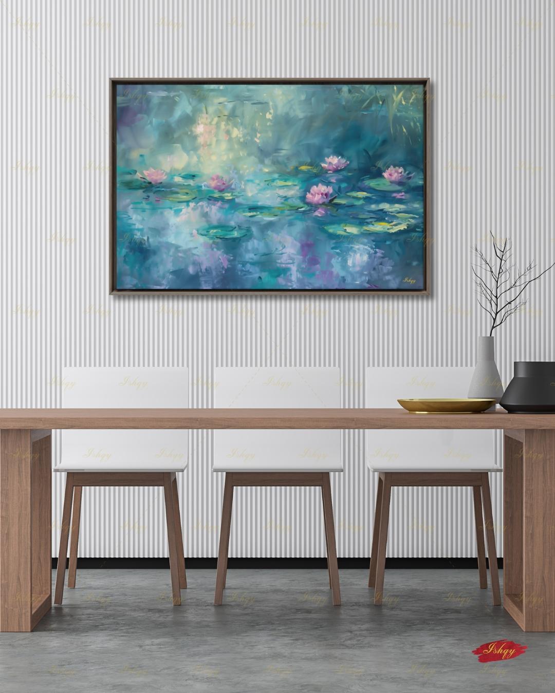 Water Lily Wall Art, Monet Inspired Pond Canvas Print, Teal Floral Botanical Decor, Impressionist Living Room Framed Canvas Gift for Her