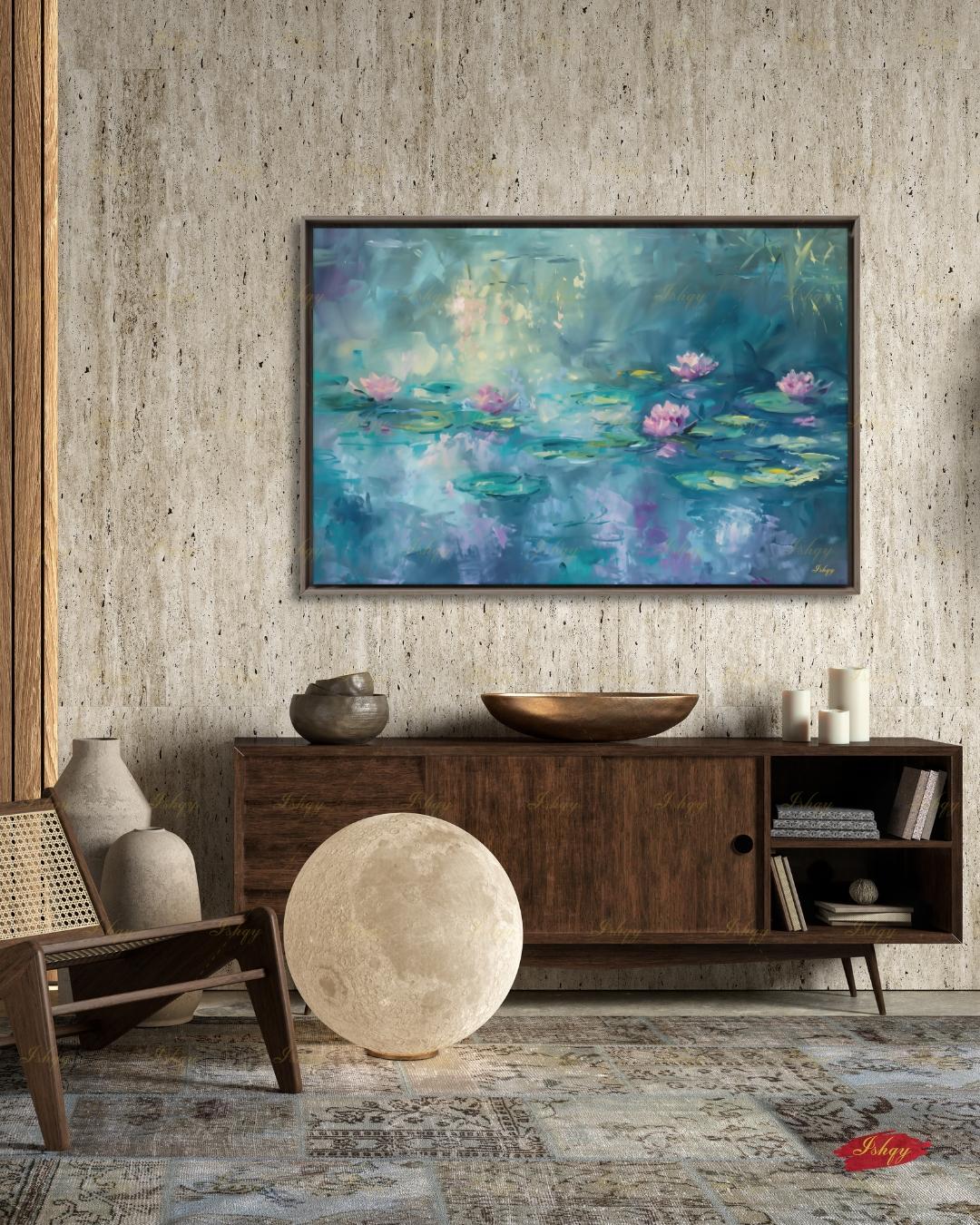 Water Lily Wall Art, Monet Inspired Pond Canvas Print, Teal Floral Botanical Decor, Impressionist Living Room Framed Canvas Gift for Her