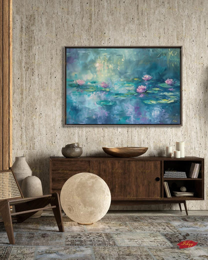 Water Lily Wall Art, Monet Inspired Pond Canvas Print, Teal Floral Botanical Decor, Impressionist Living Room Framed Canvas Gift for Her