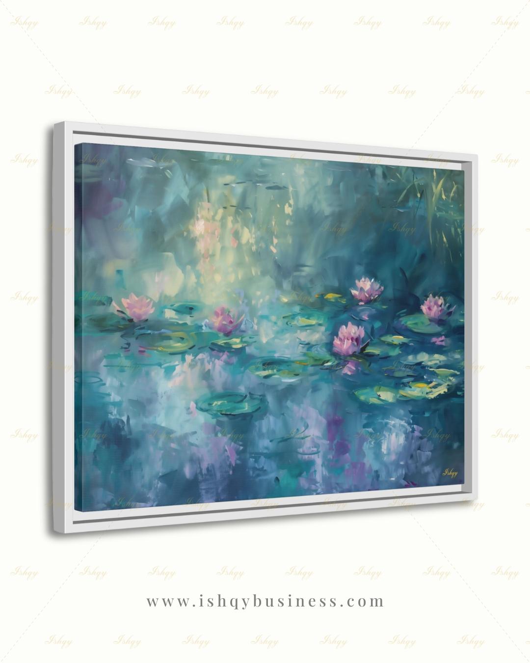 Water Lily Wall Art, Monet Inspired Pond Canvas Print, Teal Floral Botanical Decor, Impressionist Living Room Framed Canvas Gift for Her
