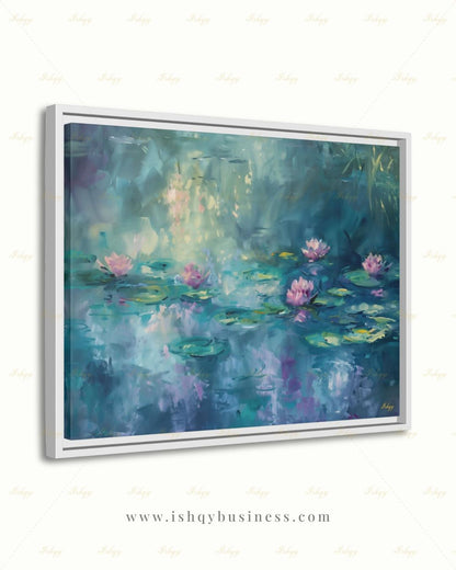 Water Lily Wall Art, Monet Inspired Pond Canvas Print, Teal Floral Botanical Decor, Impressionist Living Room Framed Canvas Gift for Her