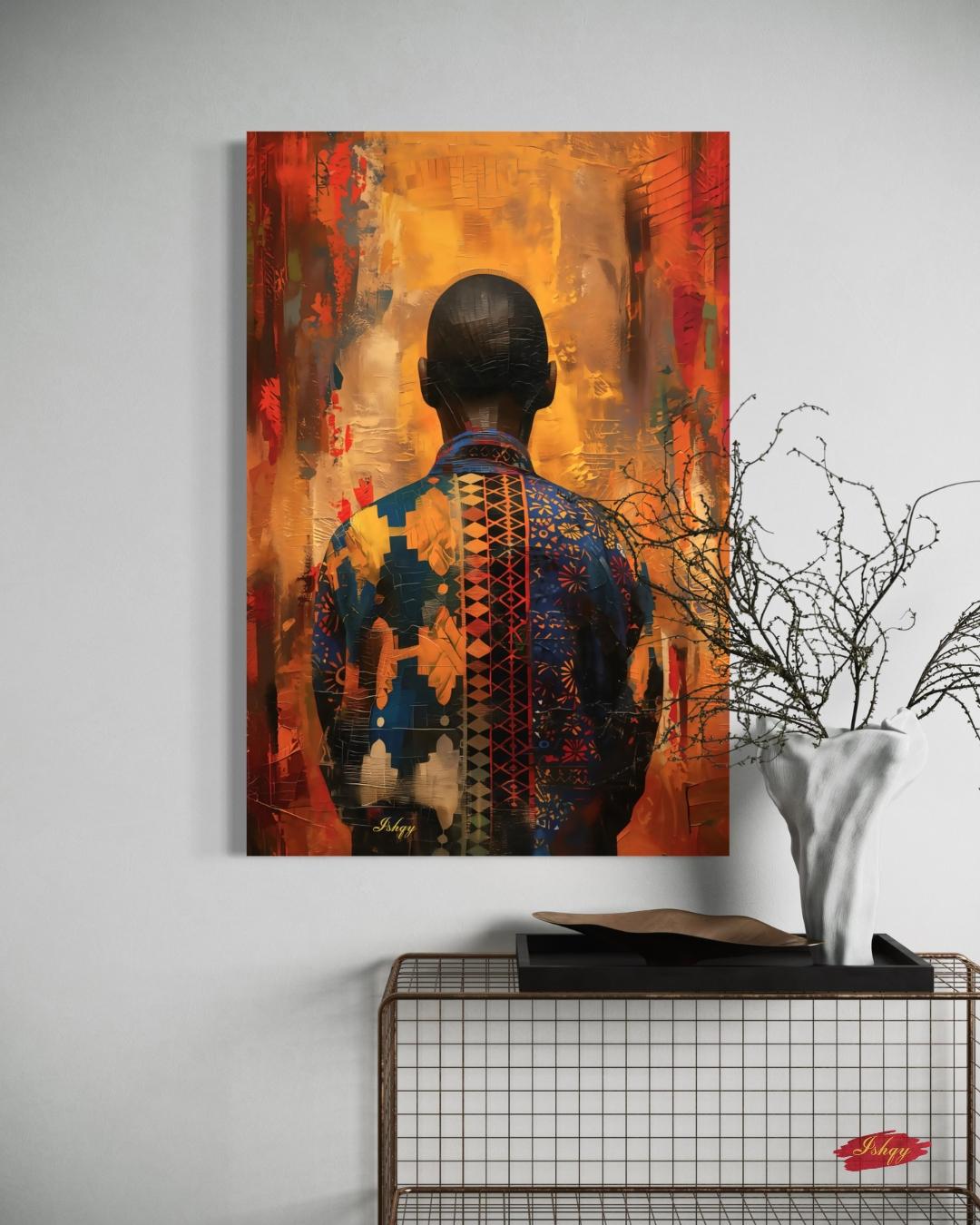 African Abstract Portrait Wall Art Print, Canvas, Framed Canvas, Vibrant Afrocentric Man, Ankara Pattern Painting for Living Room Decor