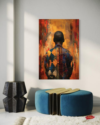African Abstract Portrait Wall Art Print, Canvas, Framed Canvas, Vibrant Afrocentric Man, Ankara Pattern Painting for Living Room Decor