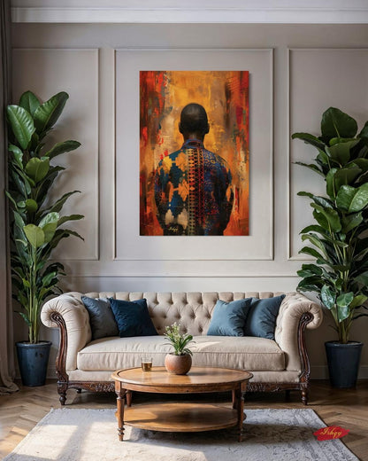 African Abstract Portrait Wall Art Print, Canvas, Framed Canvas, Vibrant Afrocentric Man, Ankara Pattern Painting for Living Room Decor