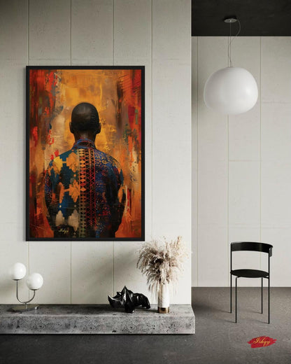 African Abstract Portrait Wall Art Print, Canvas, Framed Canvas, Vibrant Afrocentric Man, Ankara Pattern Painting for Living Room Decor