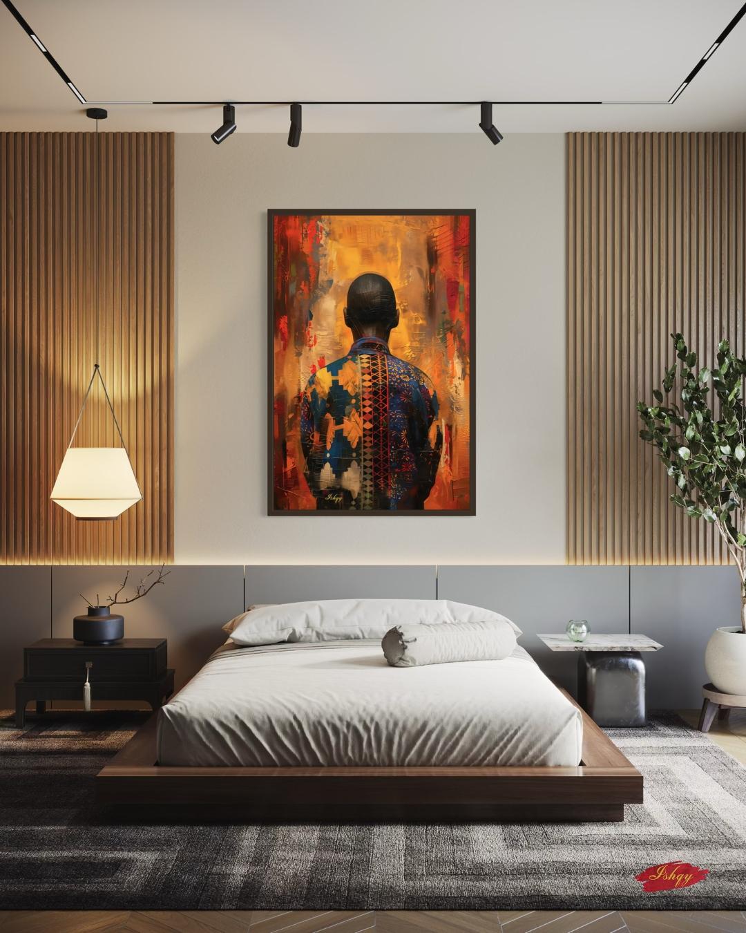 African Abstract Portrait Wall Art Print, Canvas, Framed Canvas, Vibrant Afrocentric Man, Ankara Pattern Painting for Living Room Decor