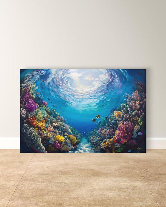 Tropical Coral Reef Ocean Wall Art, Vibrant Underwater Painting, Colorful Sea Life Canvas, Beach House Decor, Coastal Art Print for Home Walls