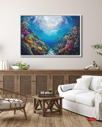 Tropical Coral Reef Ocean Wall Art, Vibrant Underwater Painting, Colorful Sea Life Canvas, Beach House Decor, Coastal Art Print for Home Walls