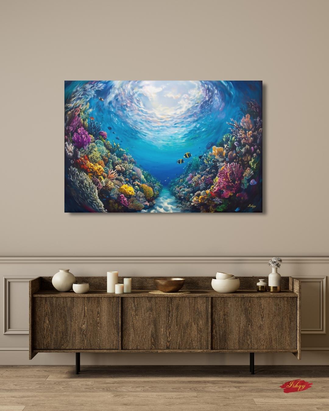 Tropical Coral Reef Ocean Wall Art, Vibrant Underwater Painting, Colorful Sea Life Canvas, Beach House Decor, Coastal Art Print for Home Walls