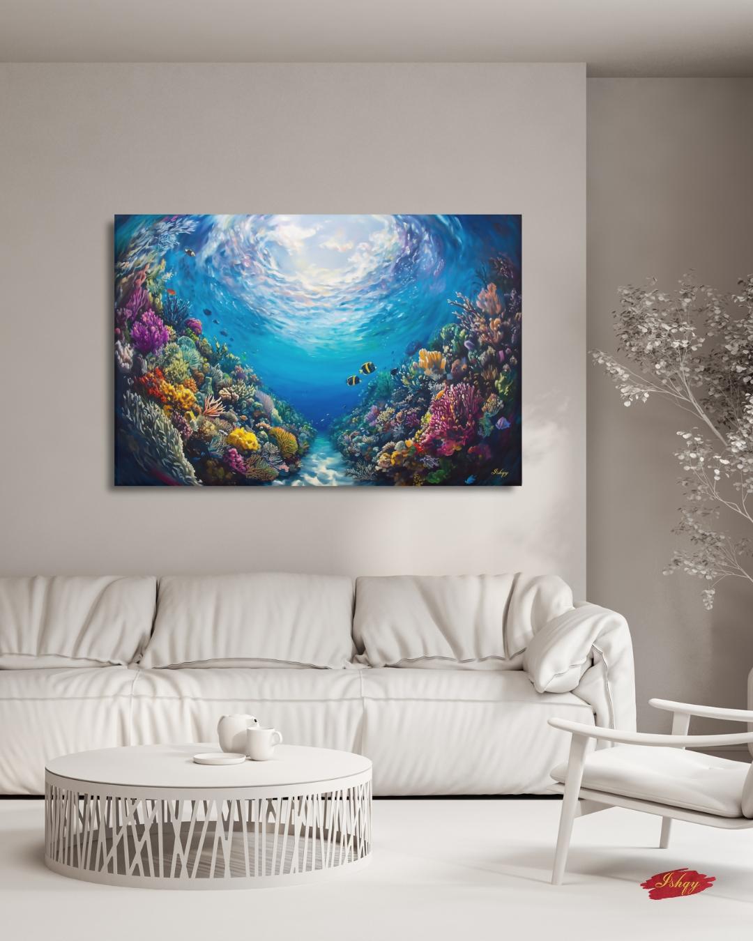 Tropical Coral Reef Ocean Wall Art, Vibrant Underwater Painting, Colorful Sea Life Canvas, Beach House Decor, Coastal Art Print for Home Walls