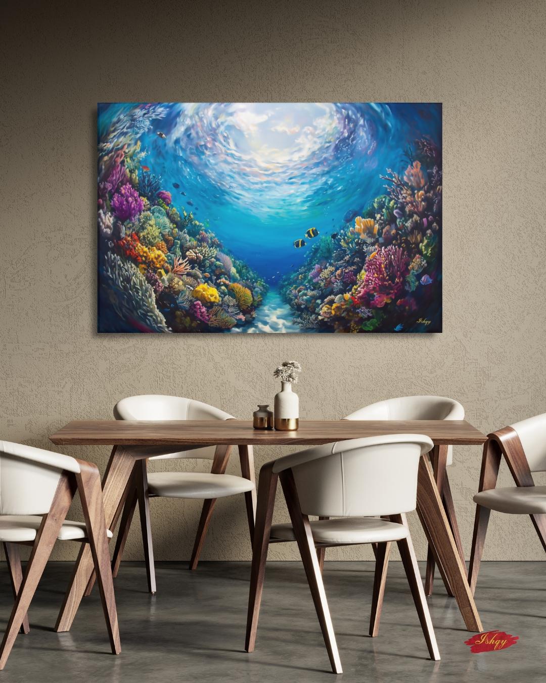 Tropical Coral Reef Ocean Wall Art, Vibrant Underwater Painting, Colorful Sea Life Canvas, Beach House Decor, Coastal Art Print for Home Walls