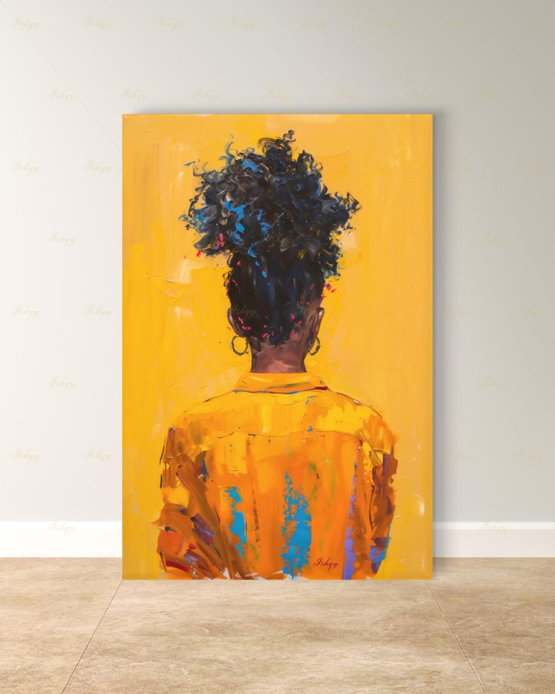 African American Woman Canvas Wall Art, Natural Hair Afro Framed Canvas Print, Yellow Textured Afrocentric Portrait Painting, Living Room Decor