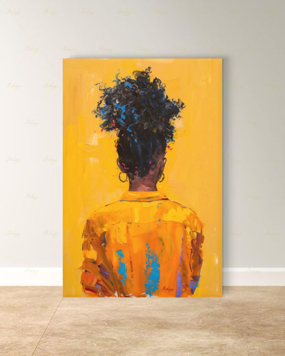 African American Woman Canvas Wall Art, Natural Hair Afro Framed Canvas Print, Yellow Textured Afrocentric Portrait Painting, Living Room Decor