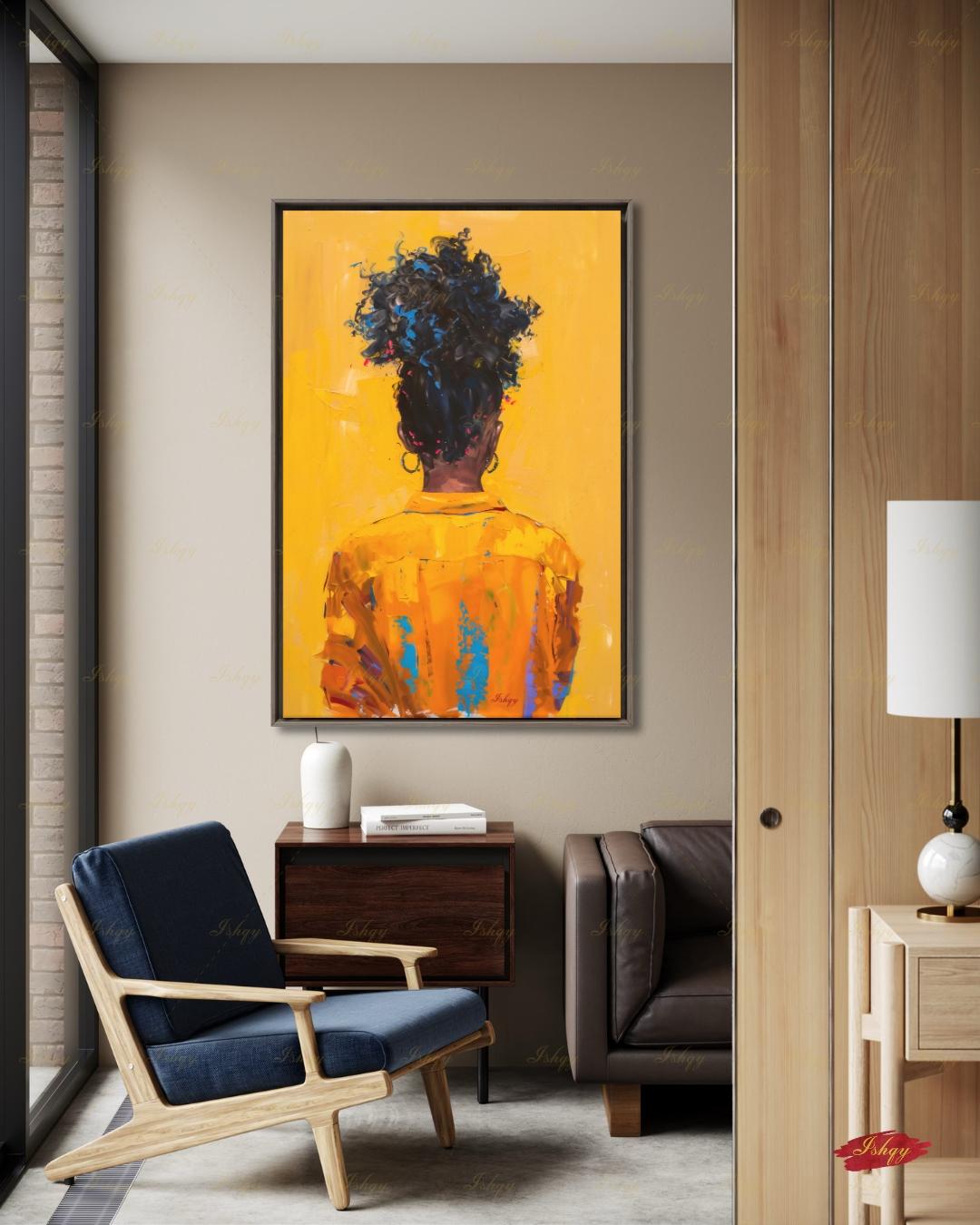 African American Woman Canvas Wall Art, Natural Hair Afro Framed Canvas Print, Yellow Textured Afrocentric Portrait Painting, Living Room Decor