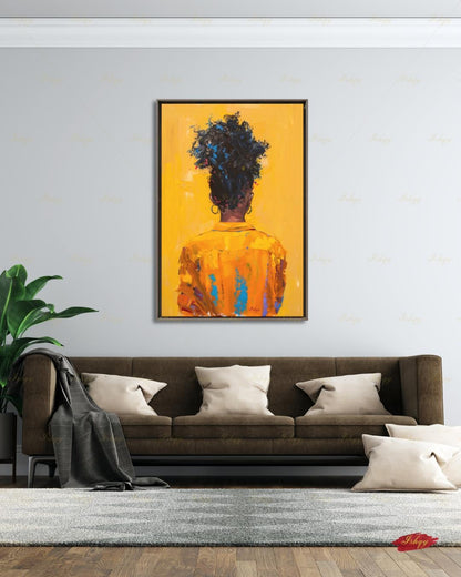 African American Woman Canvas Wall Art, Natural Hair Afro Framed Canvas Print, Yellow Textured Afrocentric Portrait Painting, Living Room Decor