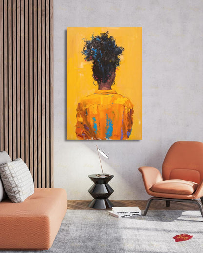 African American Woman Canvas Wall Art, Natural Hair Afro Framed Canvas Print, Yellow Textured Afrocentric Portrait Painting, Living Room Decor
