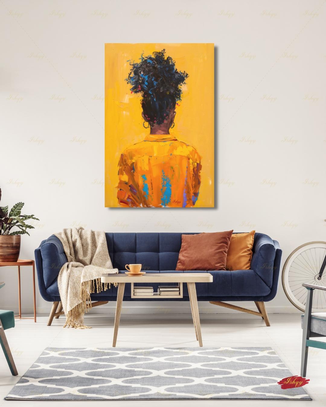 African American Woman Canvas Wall Art, Natural Hair Afro Framed Canvas Print, Yellow Textured Afrocentric Portrait Painting, Living Room Decor