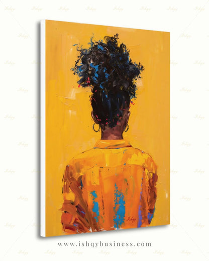 African American Woman Canvas Wall Art, Natural Hair Afro Framed Canvas Print, Yellow Textured Afrocentric Portrait Painting, Living Room Decor
