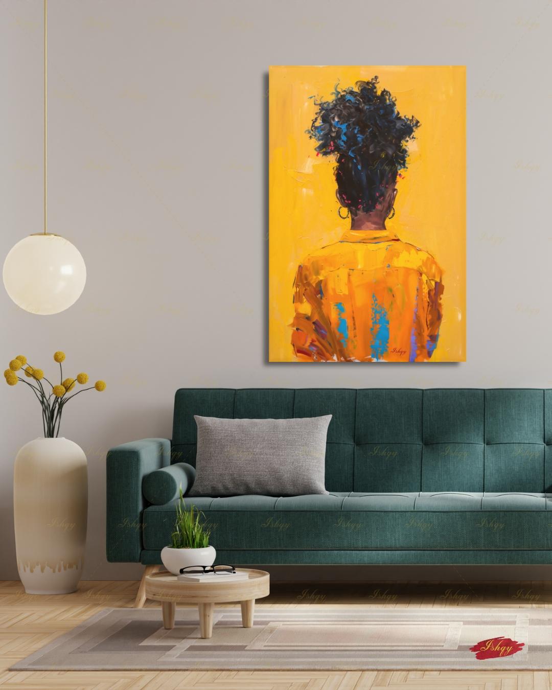 African American Woman Canvas Wall Art, Natural Hair Afro Framed Canvas Print, Yellow Textured Afrocentric Portrait Painting, Living Room Decor