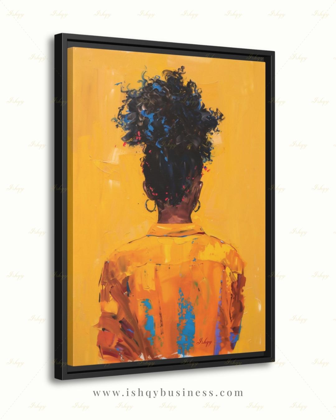 African American Woman Canvas Wall Art, Natural Hair Afro Framed Canvas Print, Yellow Textured Afrocentric Portrait Painting, Living Room Decor